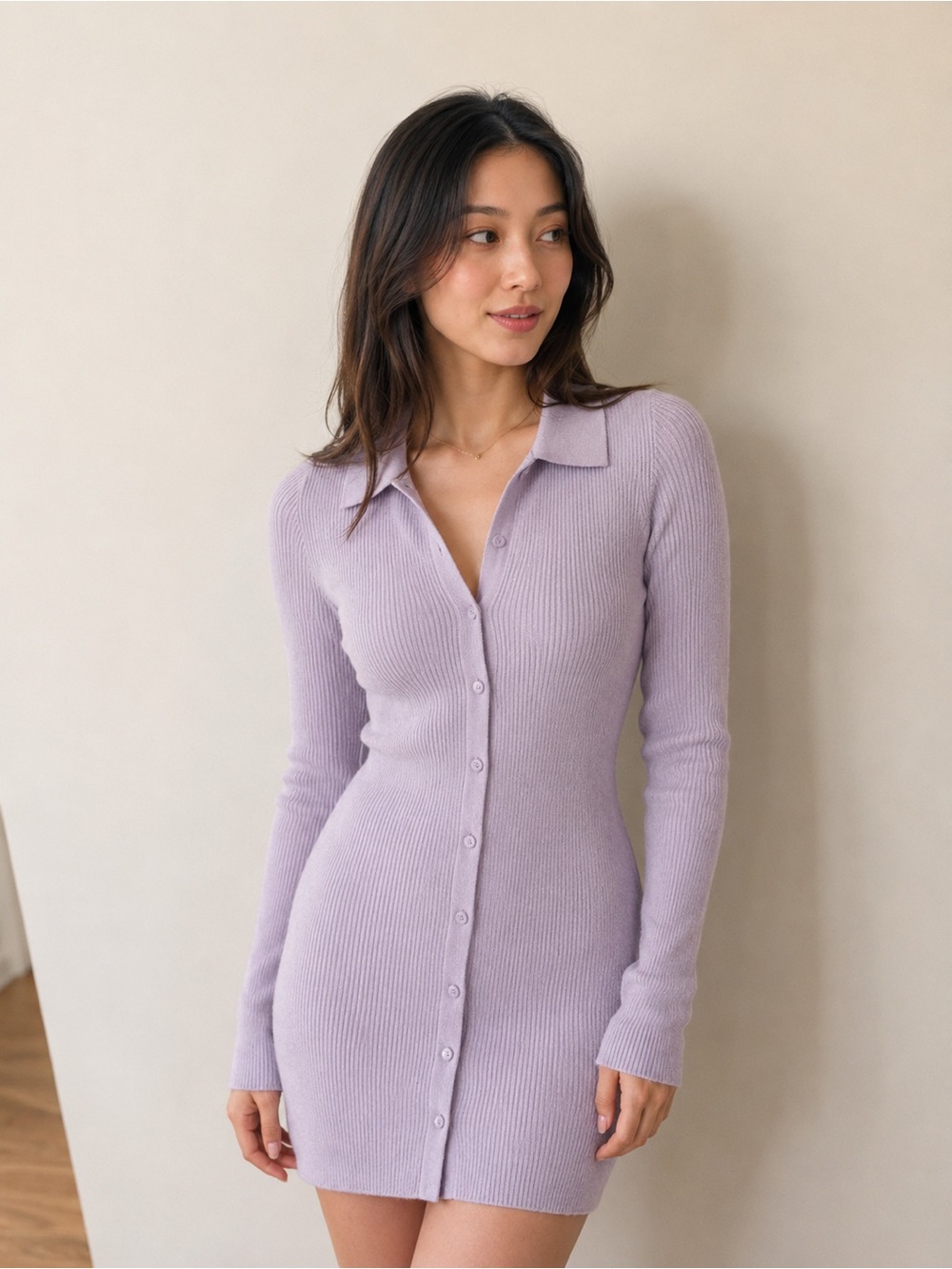 Aritzia Lilac Ribbed Button-Front Collared Mini Dress